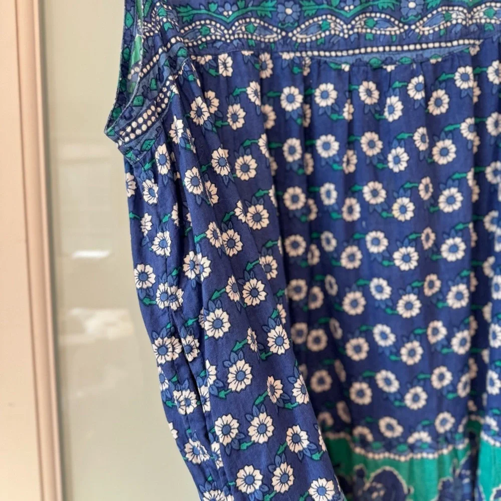 La Cera 100% Cotton Floral Print Sleeveless Midi Dress Blue and Green Size XLP